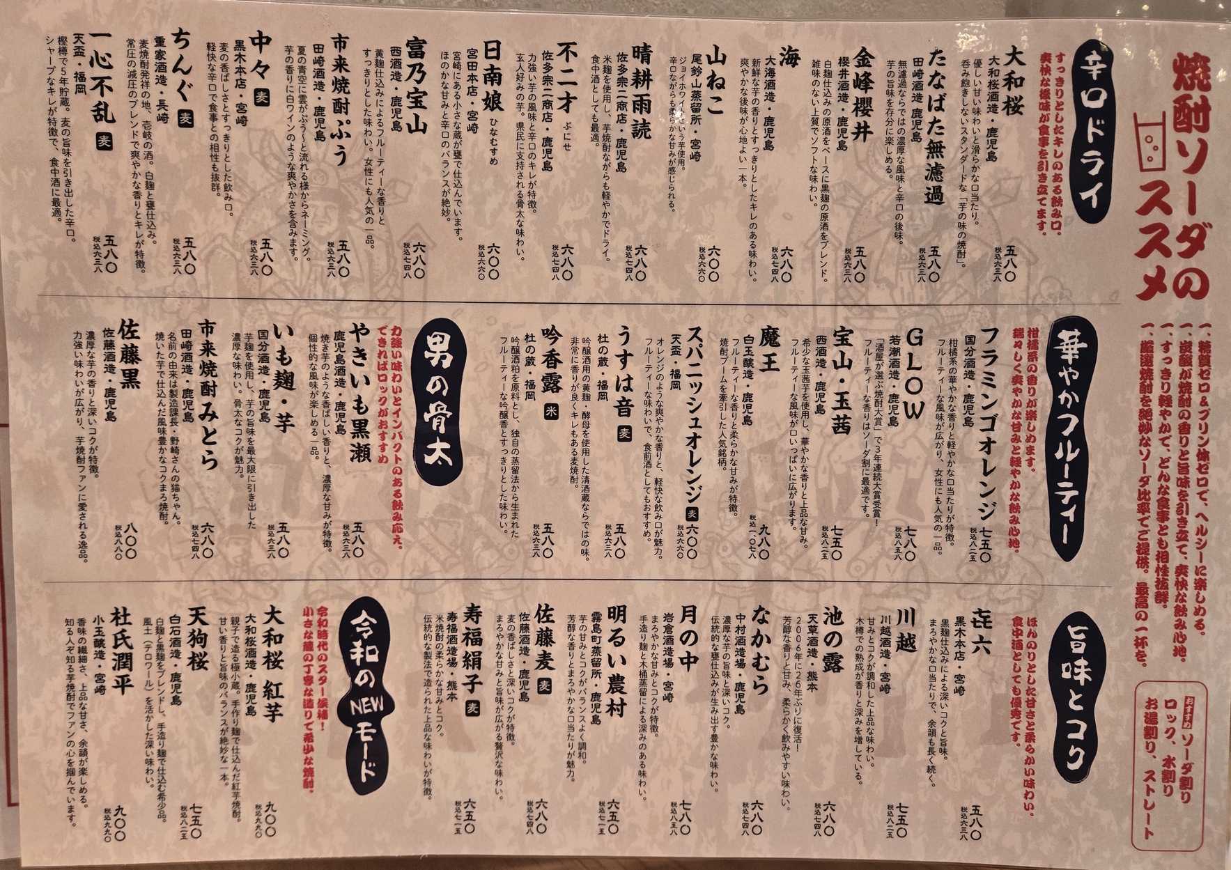 焼酎のメニュー