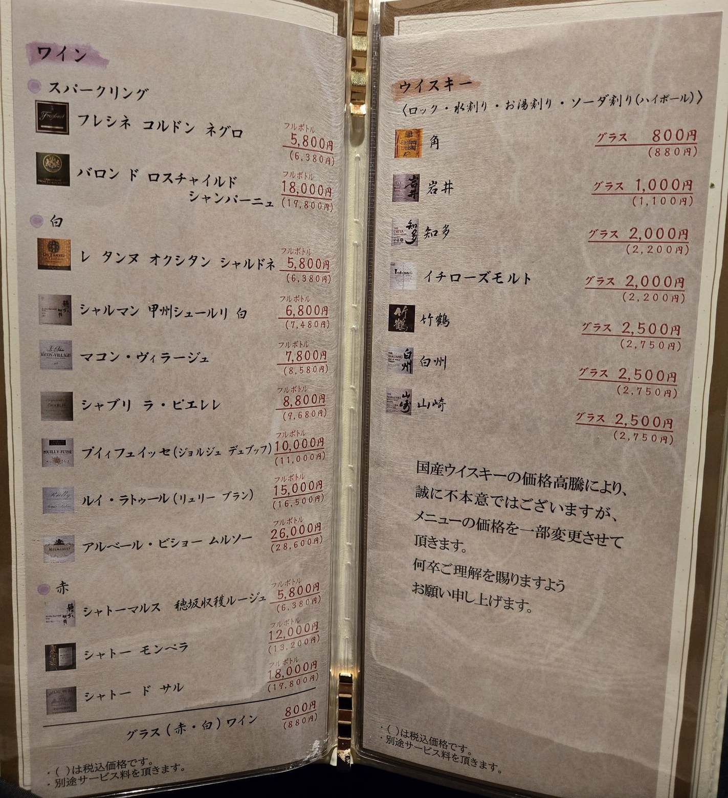 レストランのワインリスト