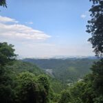 緑の山と広がる都市風景の美しい風景