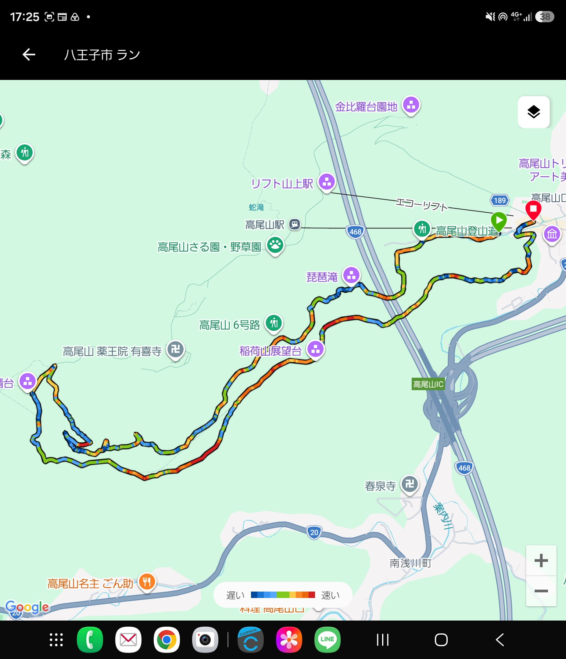 高尾山のランニングルートを示す地図画面