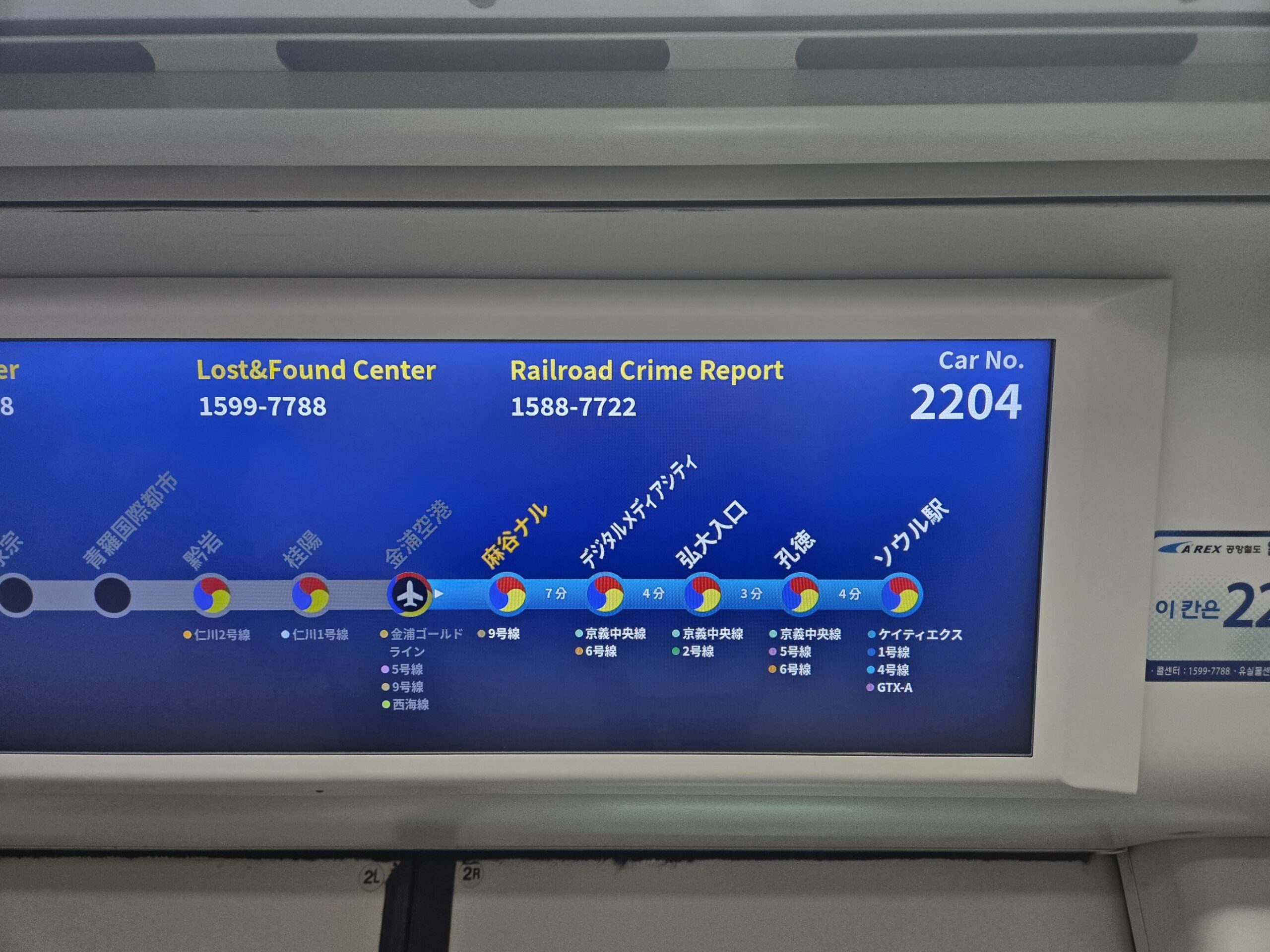 韓国電車内の路線図と案内表示