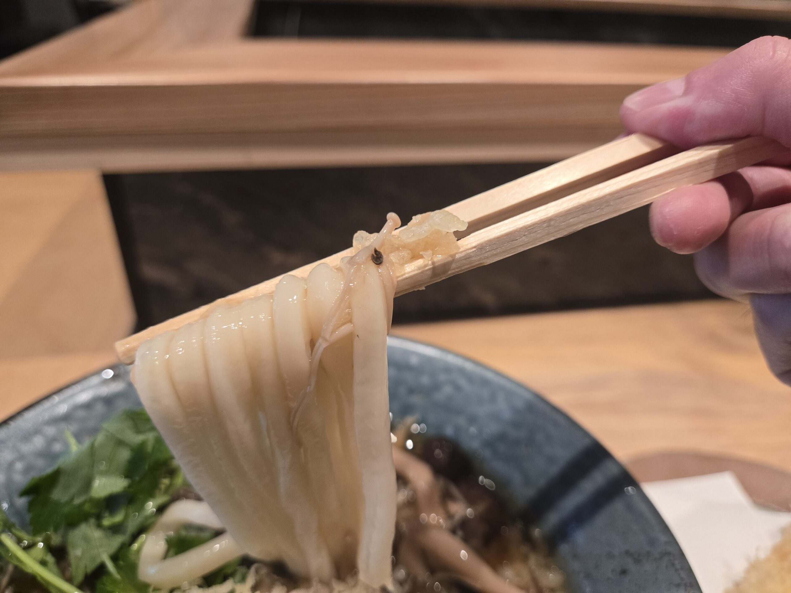 箸で持ち上げた日本橋 釜竹のうどん