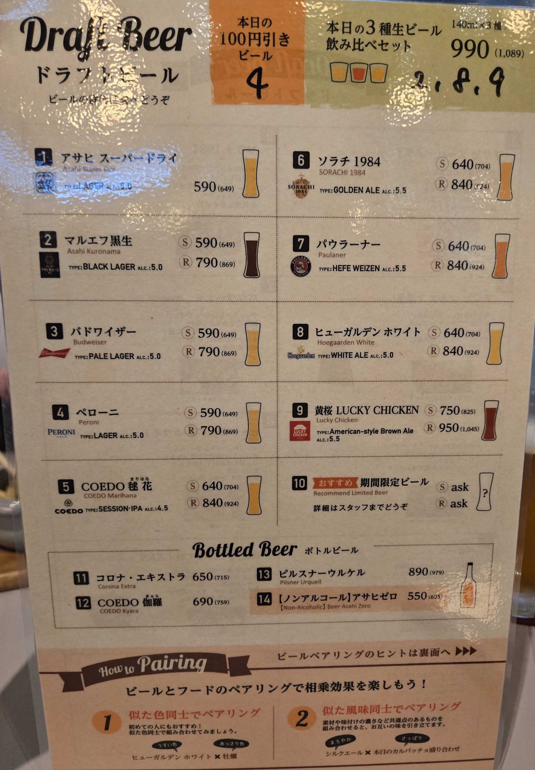 飲み物のメニュー、ビールの価格とペアリング
